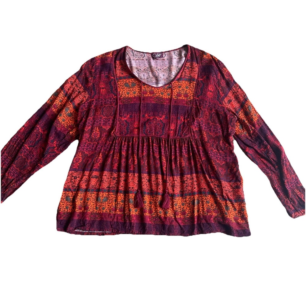Coline Women's Peasant Blouse 2X Orange Red Boho Cottage Flowy Blouse Tassels‎